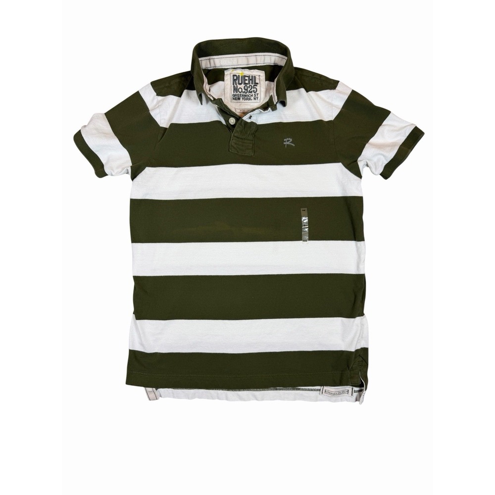 RUEHL No.925 Polo Shirt Mens Large Green White Stripe Rugby Cotton NWOT READ